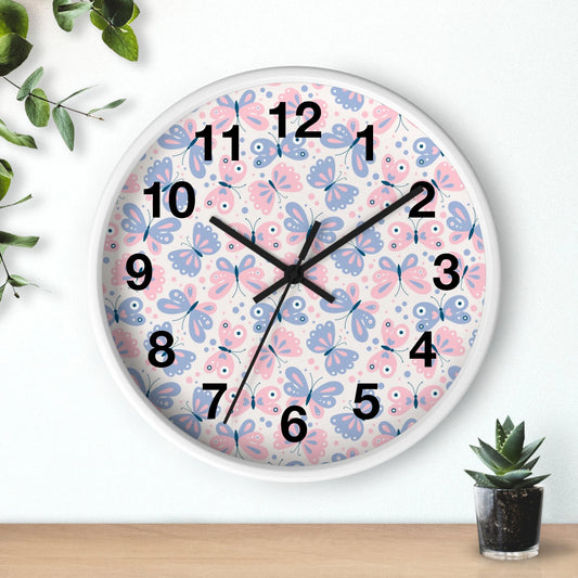 Girls Pink & Blue Butterflies Silent Wood Wall Clock