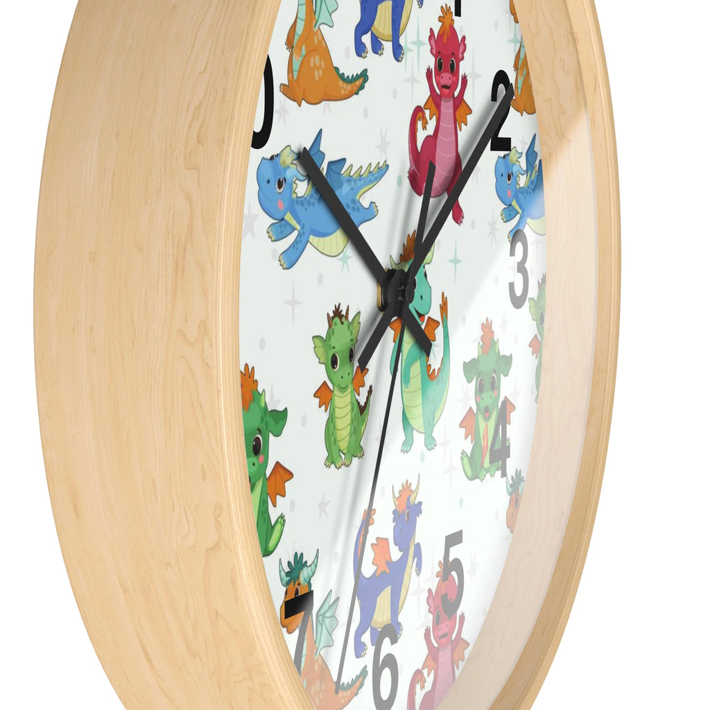 Kids colorful dragons silent wood wall clock with a round wooden frame and a white face featuring colorful cartoon dragons