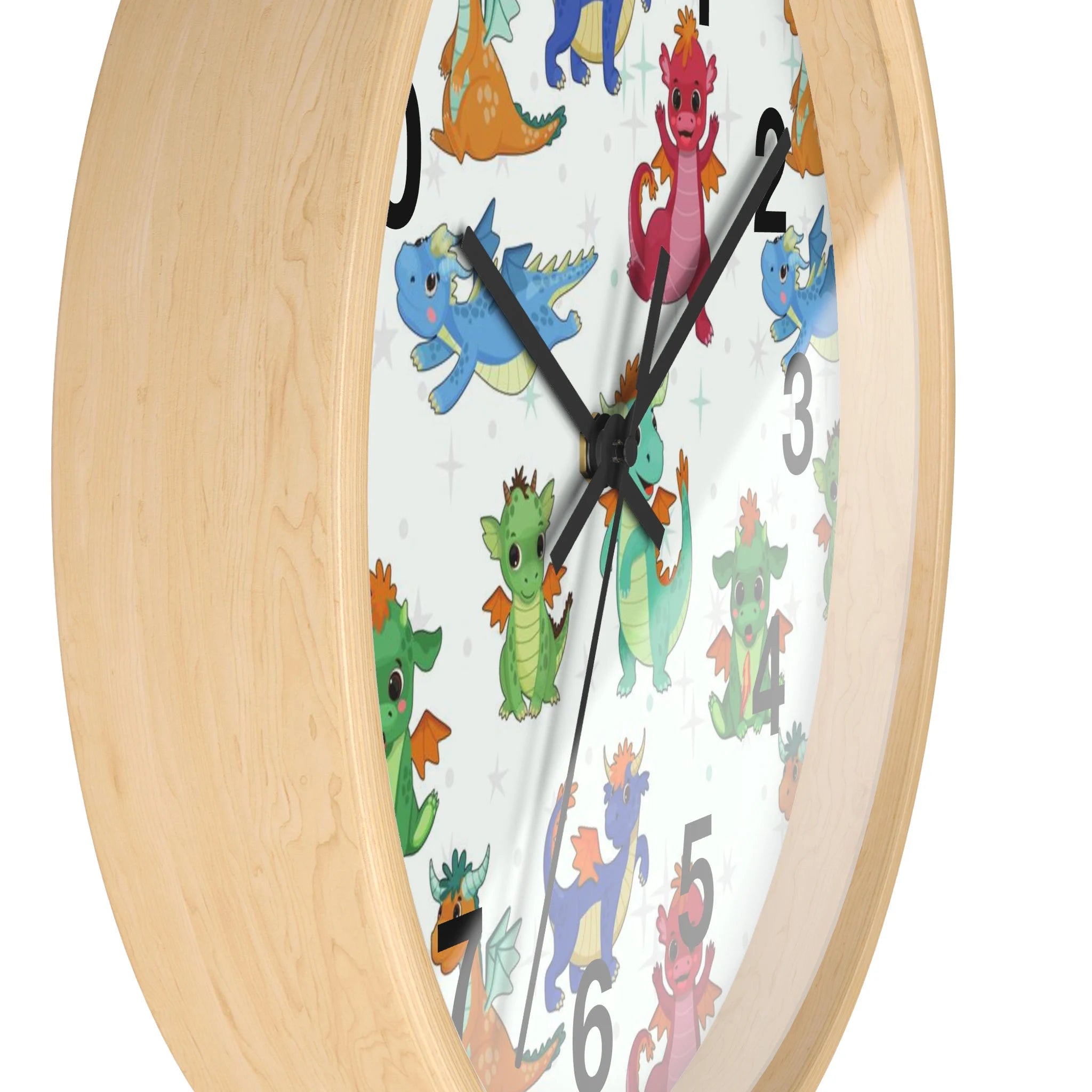 Kids colorful dragons silent wood wall clock with a round wooden frame and a white face featuring colorful cartoon dragons