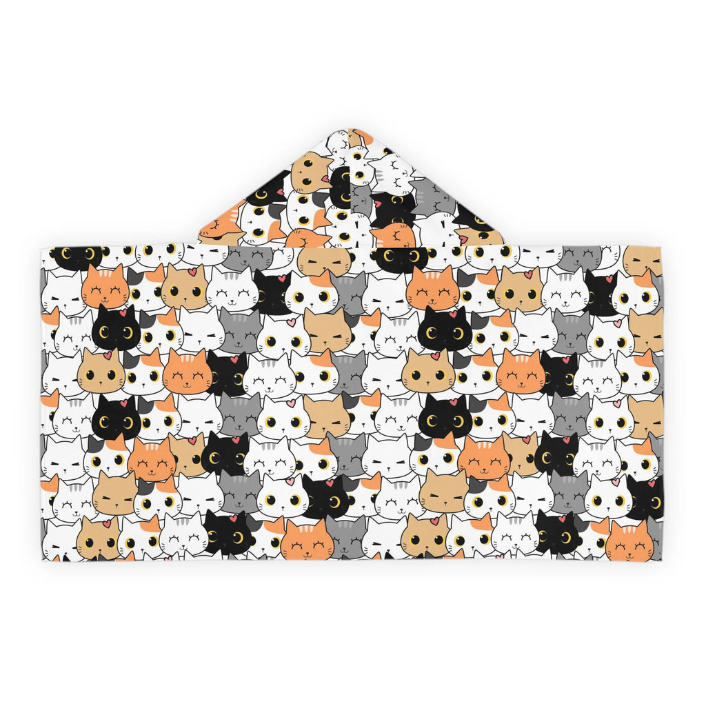 A soft white hooded towel with playful black orange gray and white cartoon cats for girls bath and beach wrap