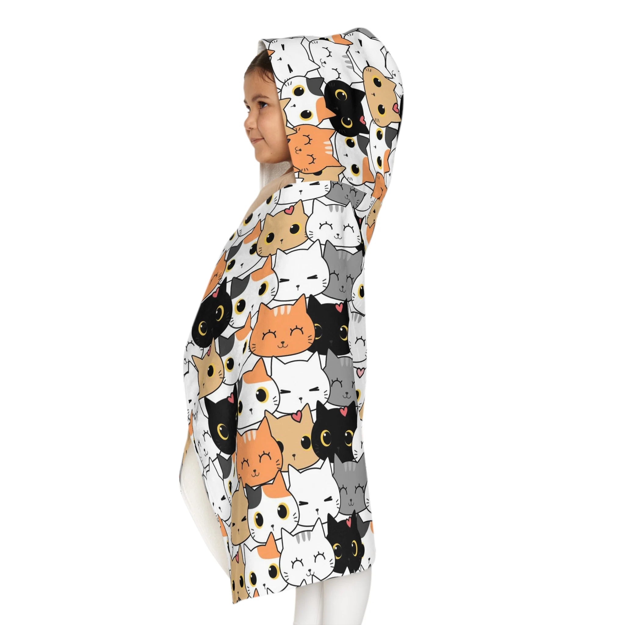 A cozy white hooded towel with playful multicolor cartoon cats soft and absorbent for girls bath and beach wrap
