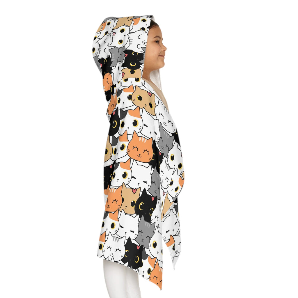 Girls cat hooded towel with soft absorbent fabric featuring colorful cartoon cats for kids bath and beach wrap