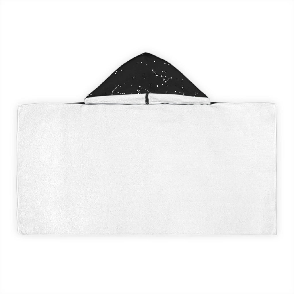 White hooded towel with a black starry night sky design inside the hood soft absorbent bath and beach wrap for kids