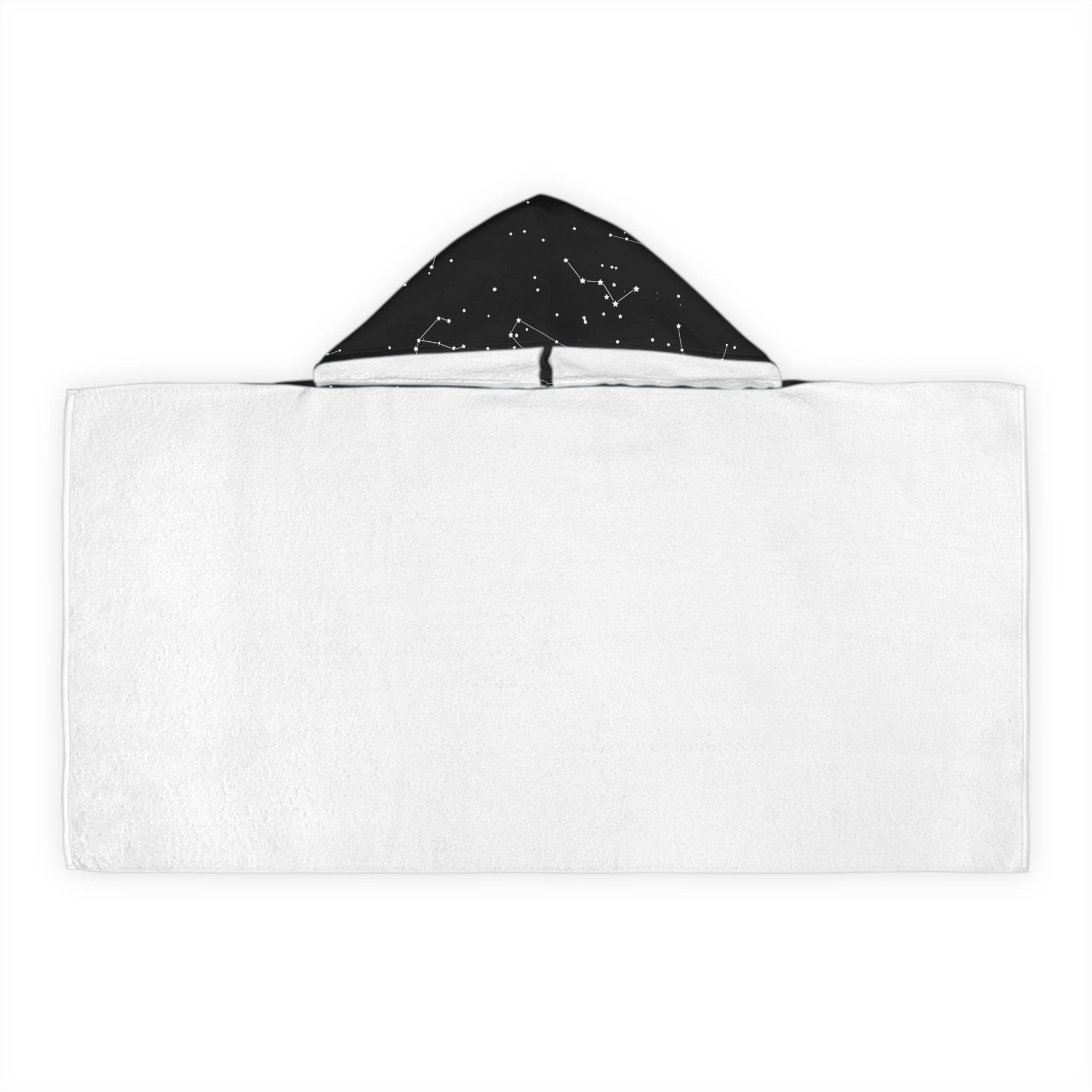 White hooded towel with a black starry night sky design inside the hood soft absorbent bath and beach wrap for kids