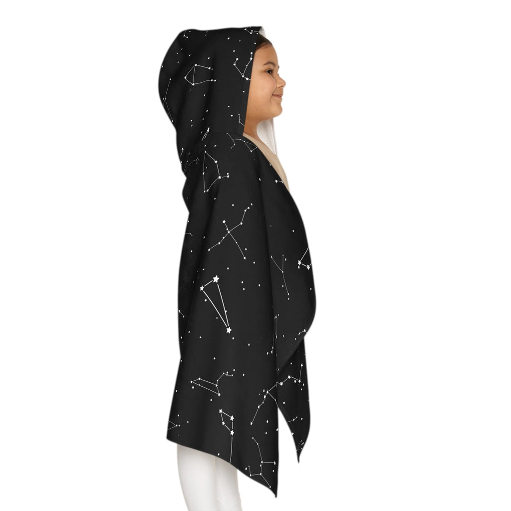 Black hooded towel for kids with white star and constellation patterns soft absorbent bath and beach wrap