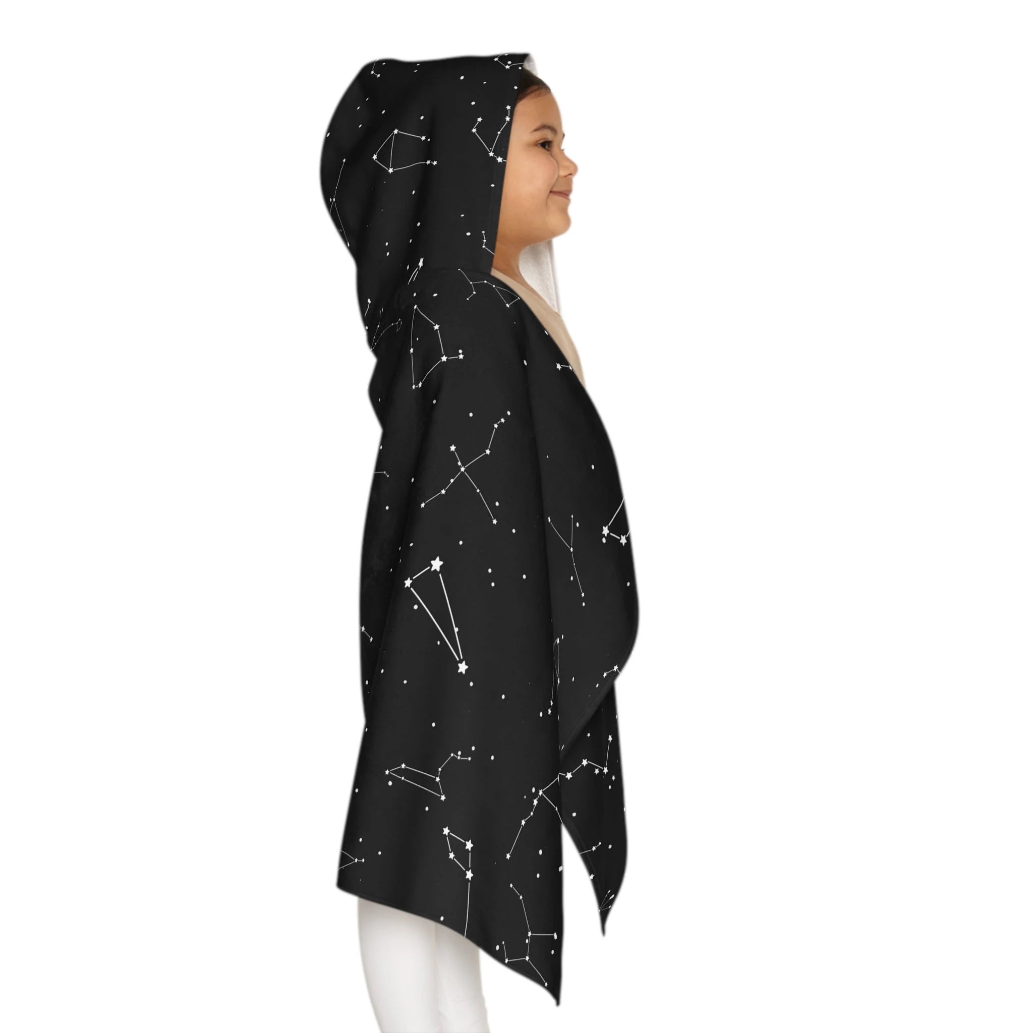 Black hooded towel for kids with white star and constellation patterns soft absorbent bath and beach wrap