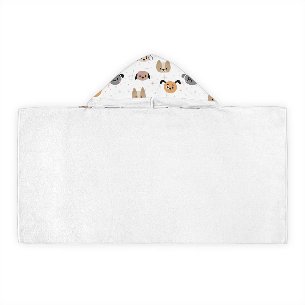 Kids dog hooded towel with soft absorbent white fabric and playful beige gray and orange cartoon dogs on the hood