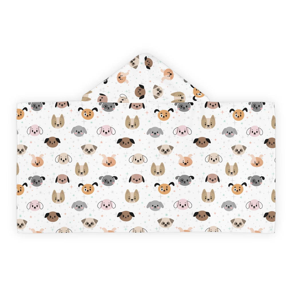 White kids hooded towel with soft absorbent fabric and playful cartoon dog faces in beige gray and pink for bath or beach wrap