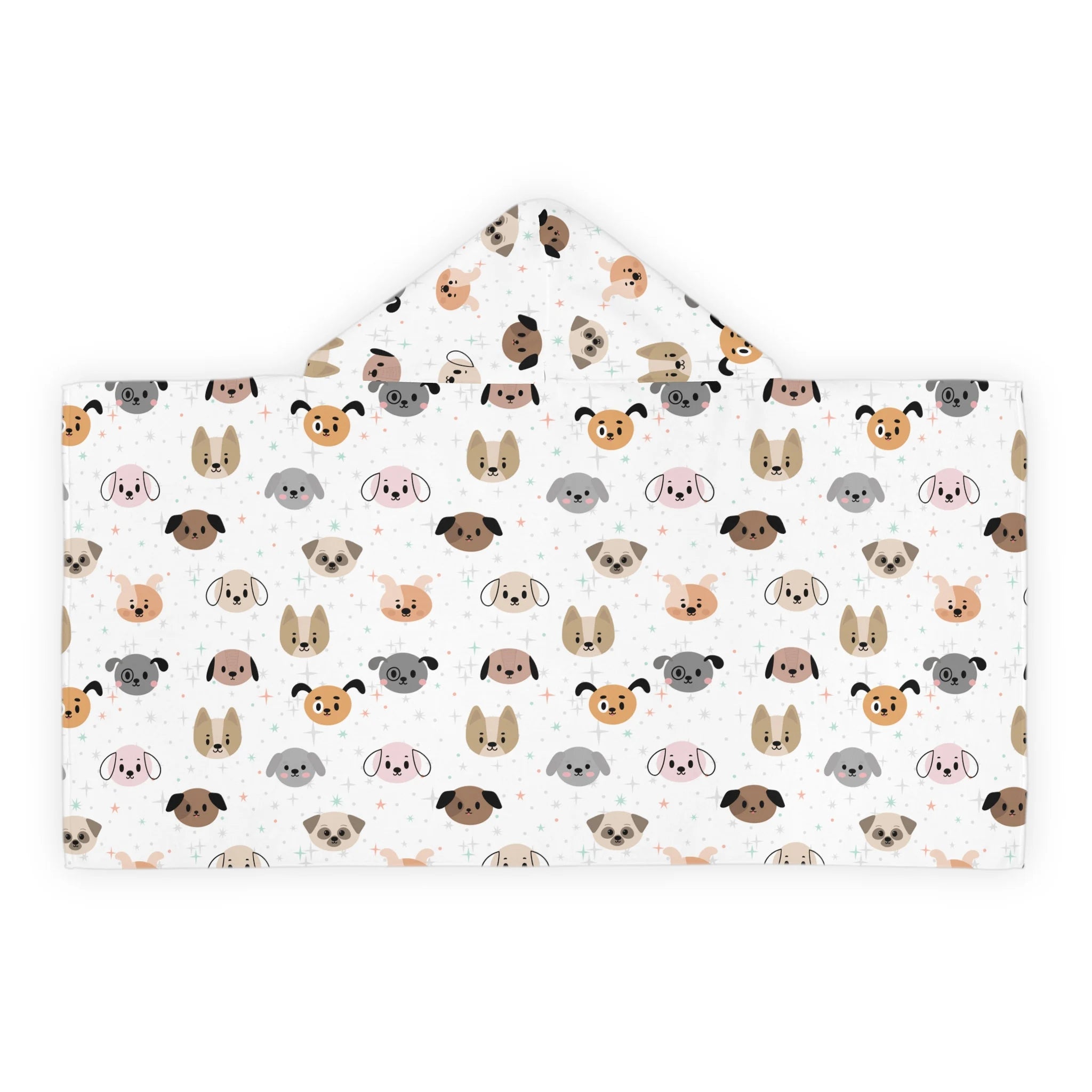 White kids hooded towel with soft absorbent fabric and playful cartoon dog faces in beige gray and pink for bath or beach wrap