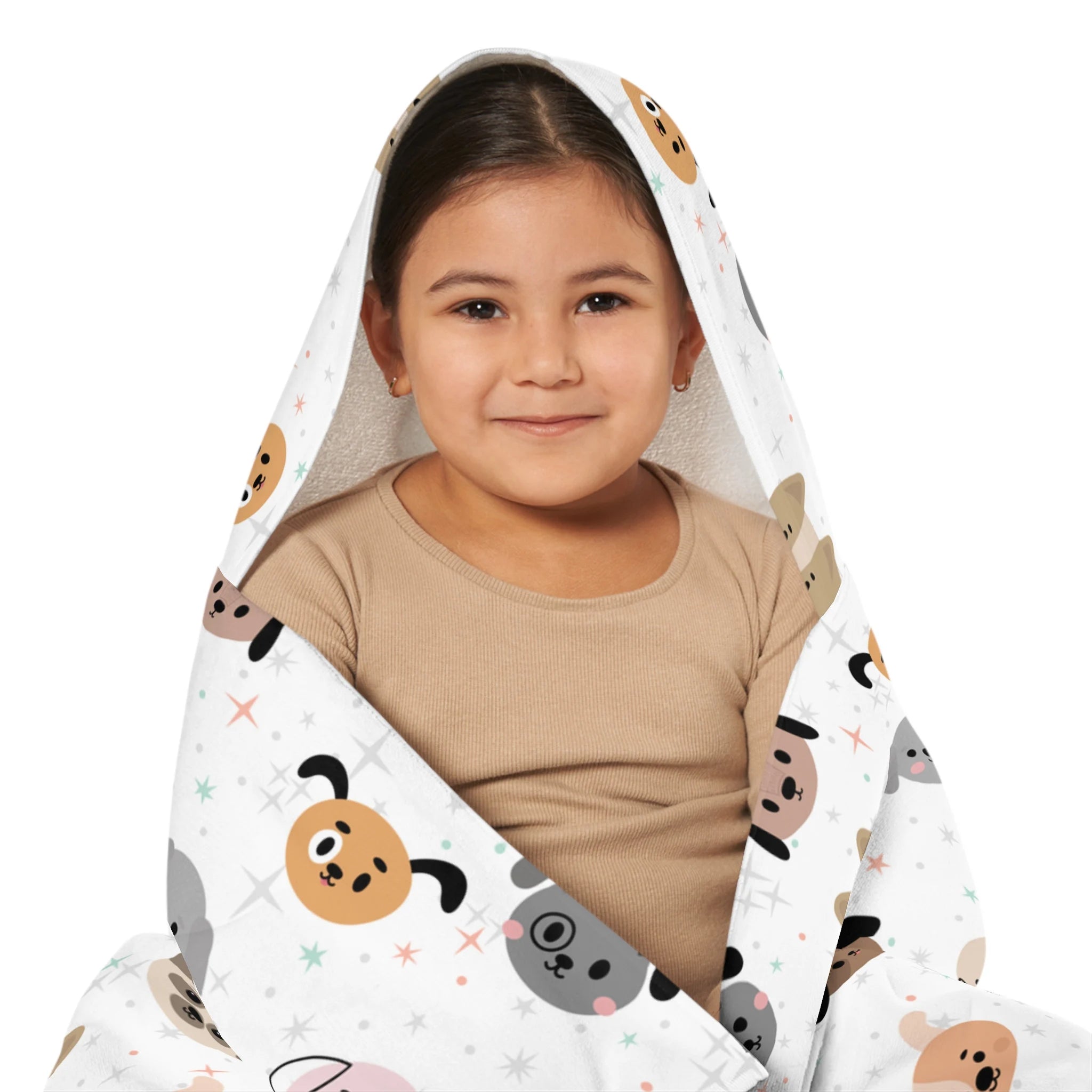 Kids dog hooded towel white soft absorbent blanket with playful cartoon dog and star patterns in beige gray pastel tones