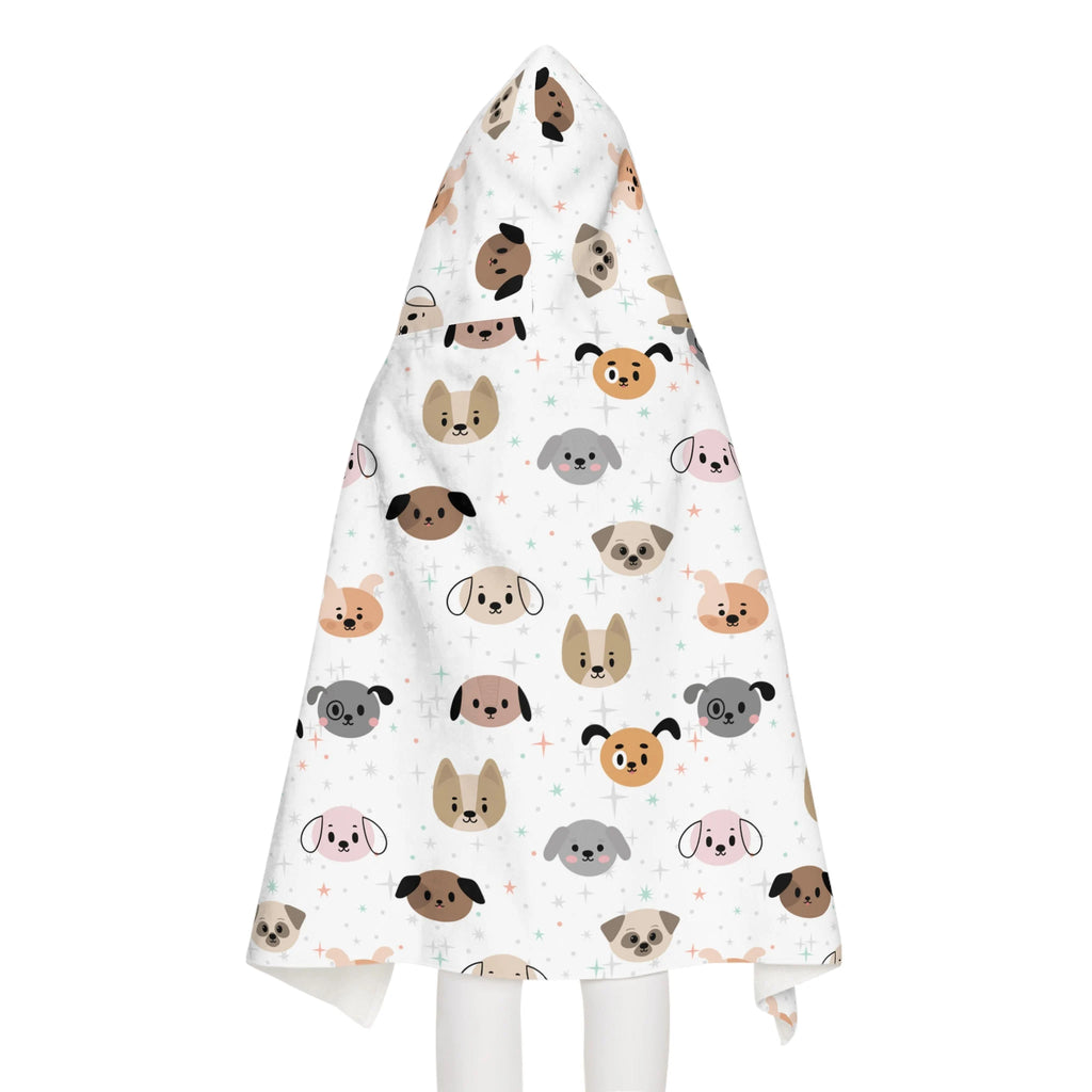 White hooded blanket with playful brown gray and pink cartoon dog faces soft absorbent kids bath and beach wrap