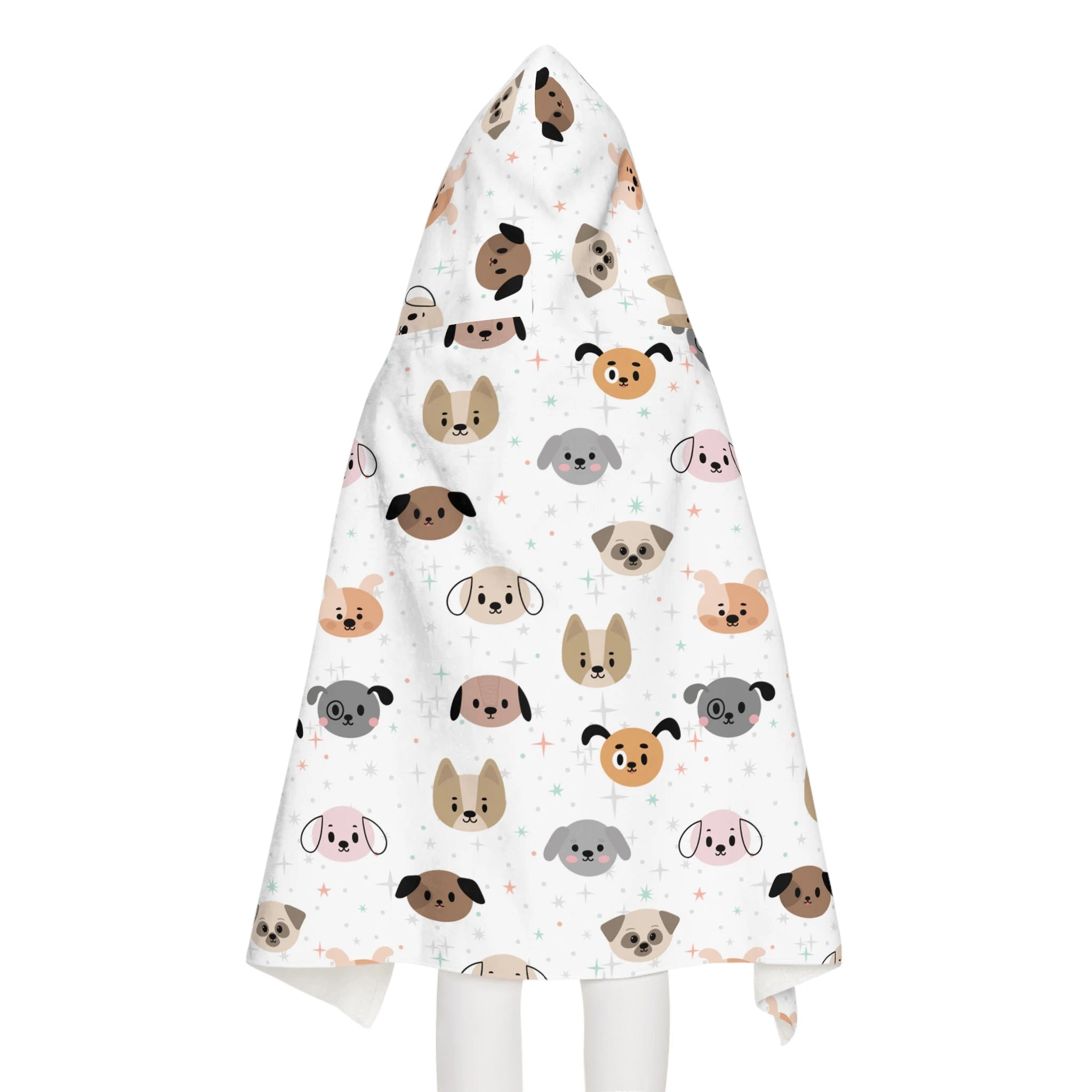 White hooded blanket with playful brown gray and pink cartoon dog faces soft absorbent kids bath and beach wrap