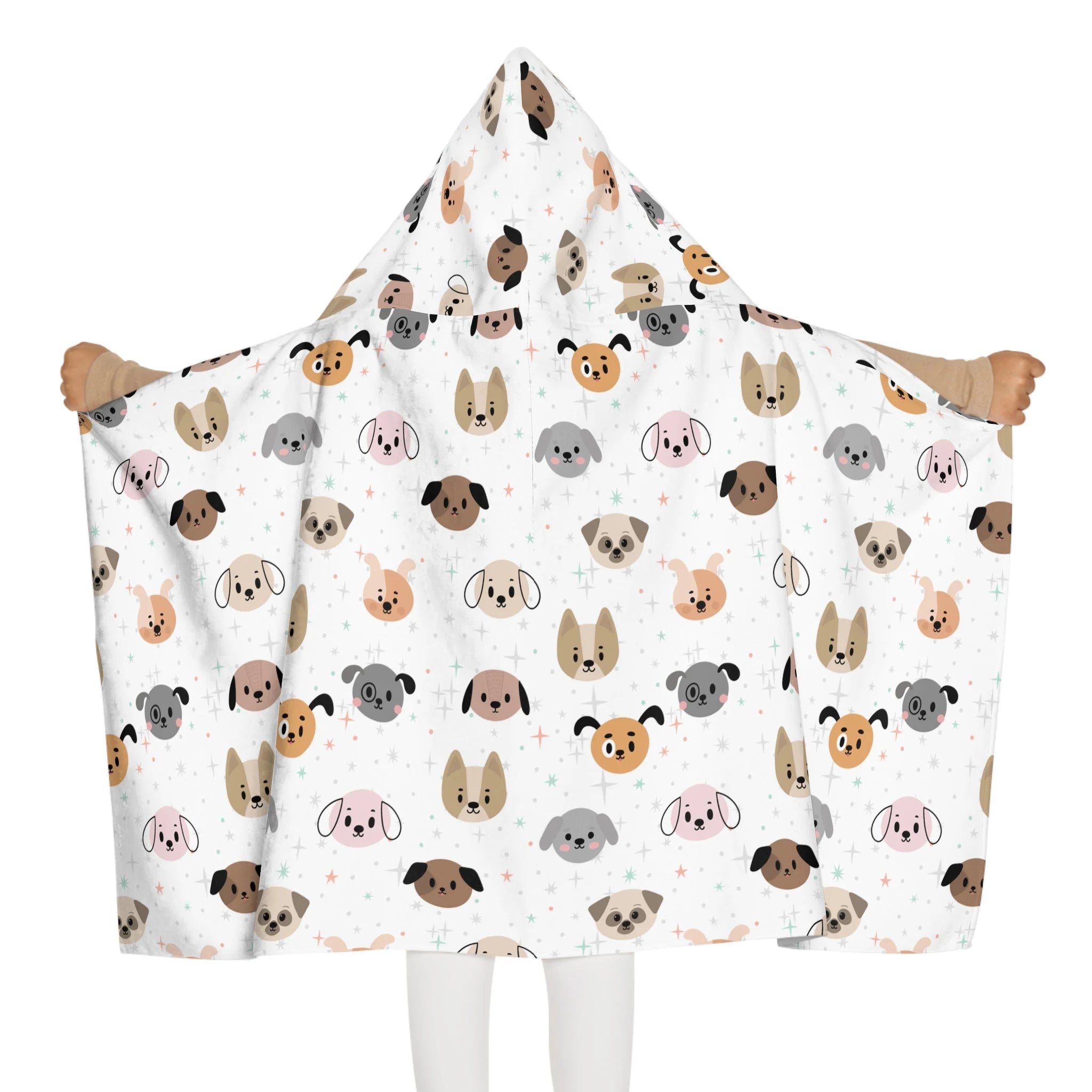 Kids dog hooded towel with a cozy white soft hooded blanket featuring colorful cartoon dog patterns for bath and beach use