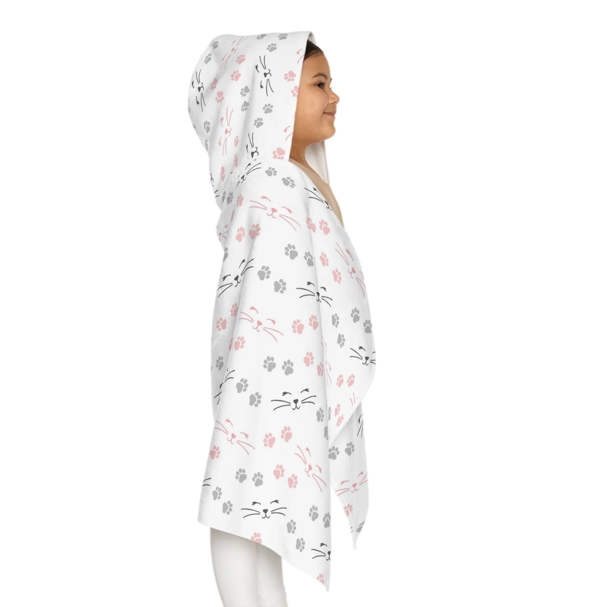 Girls cat paw prints hooded towel in white with pink and gray cat faces and paw prints soft absorbent wrap