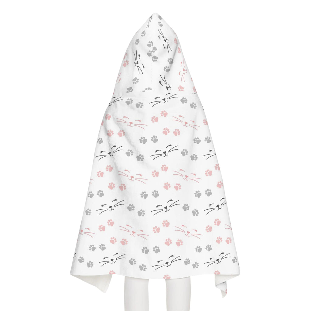 White hooded towel with soft absorbent fabric featuring pink and gray cat faces and paw prints for girls bath or beach wrap