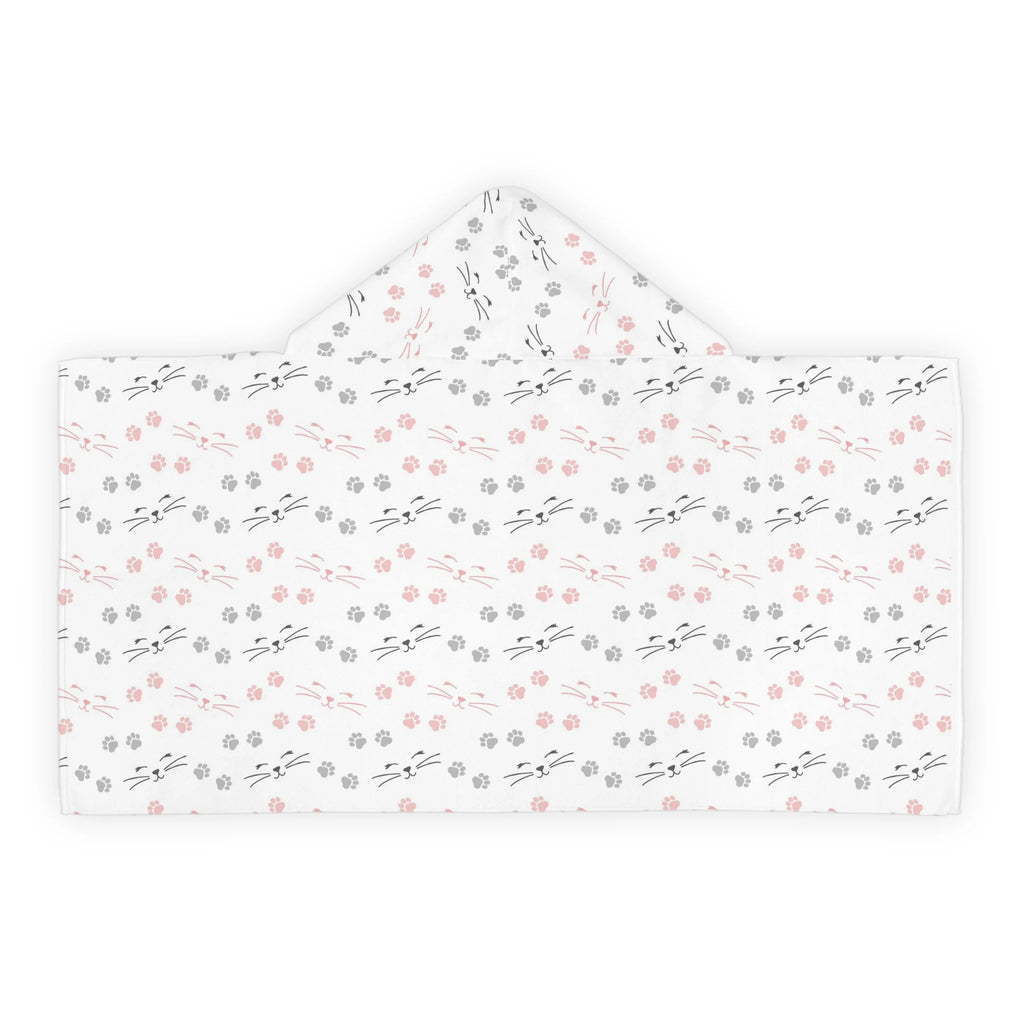 White hooded towel with pink and gray cat faces and paw prints soft absorbent girls bath and beach wrap