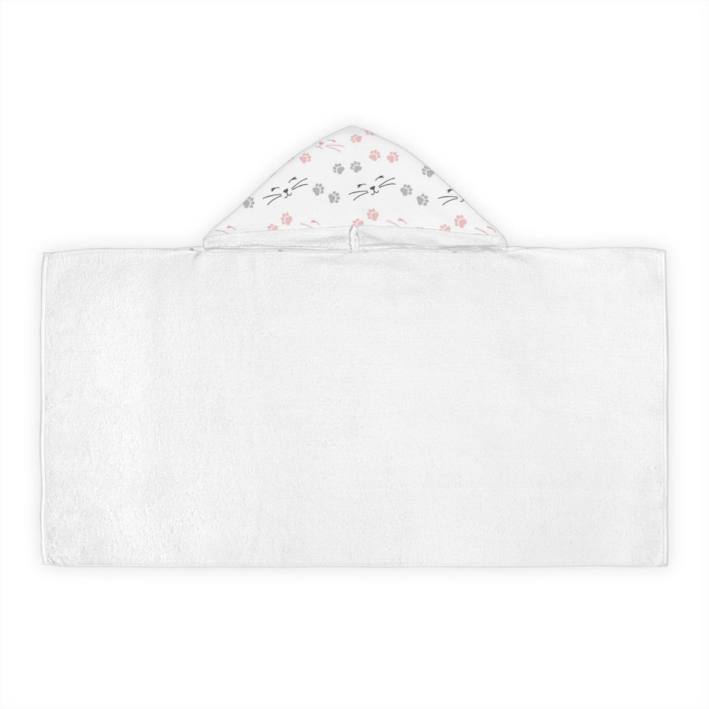 Girls cat paw prints hooded towel in white with soft absorbent fabric and gray cat faces with pink paw print lining