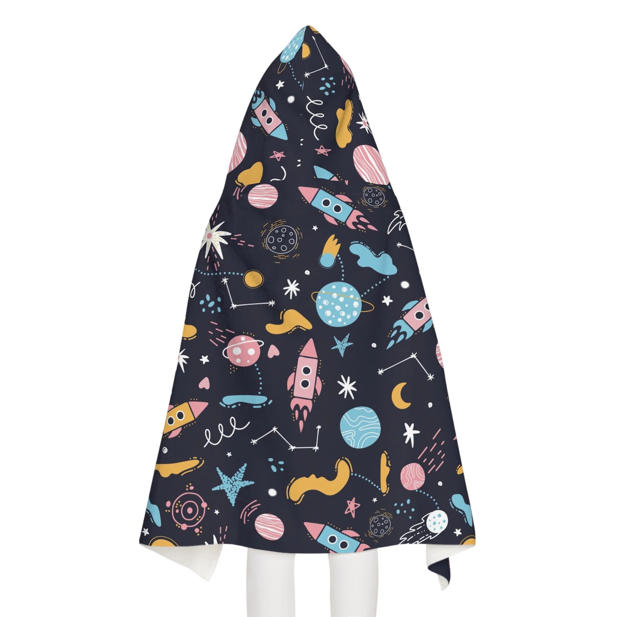 Navy blue kids outer space hooded towel with colorful rockets and planets soft absorbent bath and beach wrap