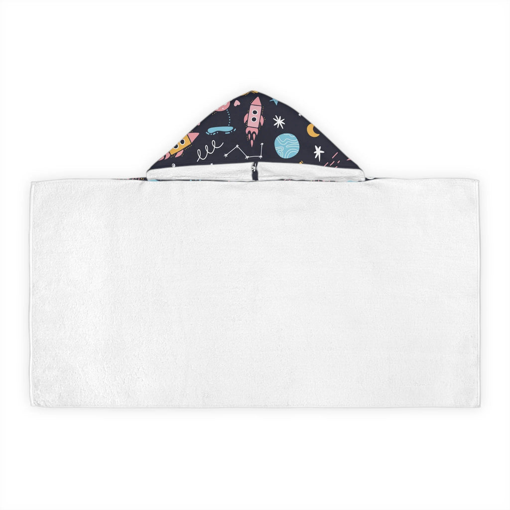 Kids outer space hooded towel in white with black rocket and planet pattern hood soft absorbent bath and beach wrap