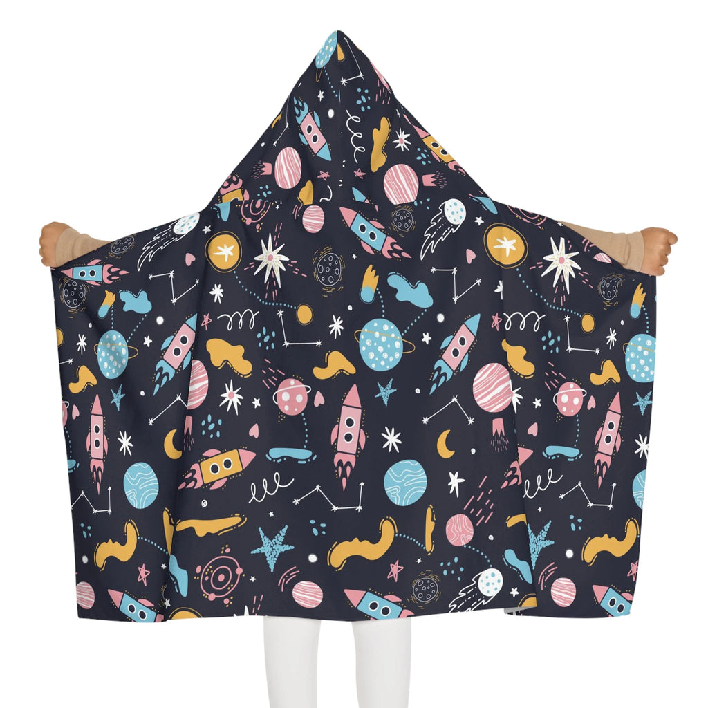 Kids outer space hooded towel in soft absorbent fabric with dark navy and colorful rockets and planets pattern