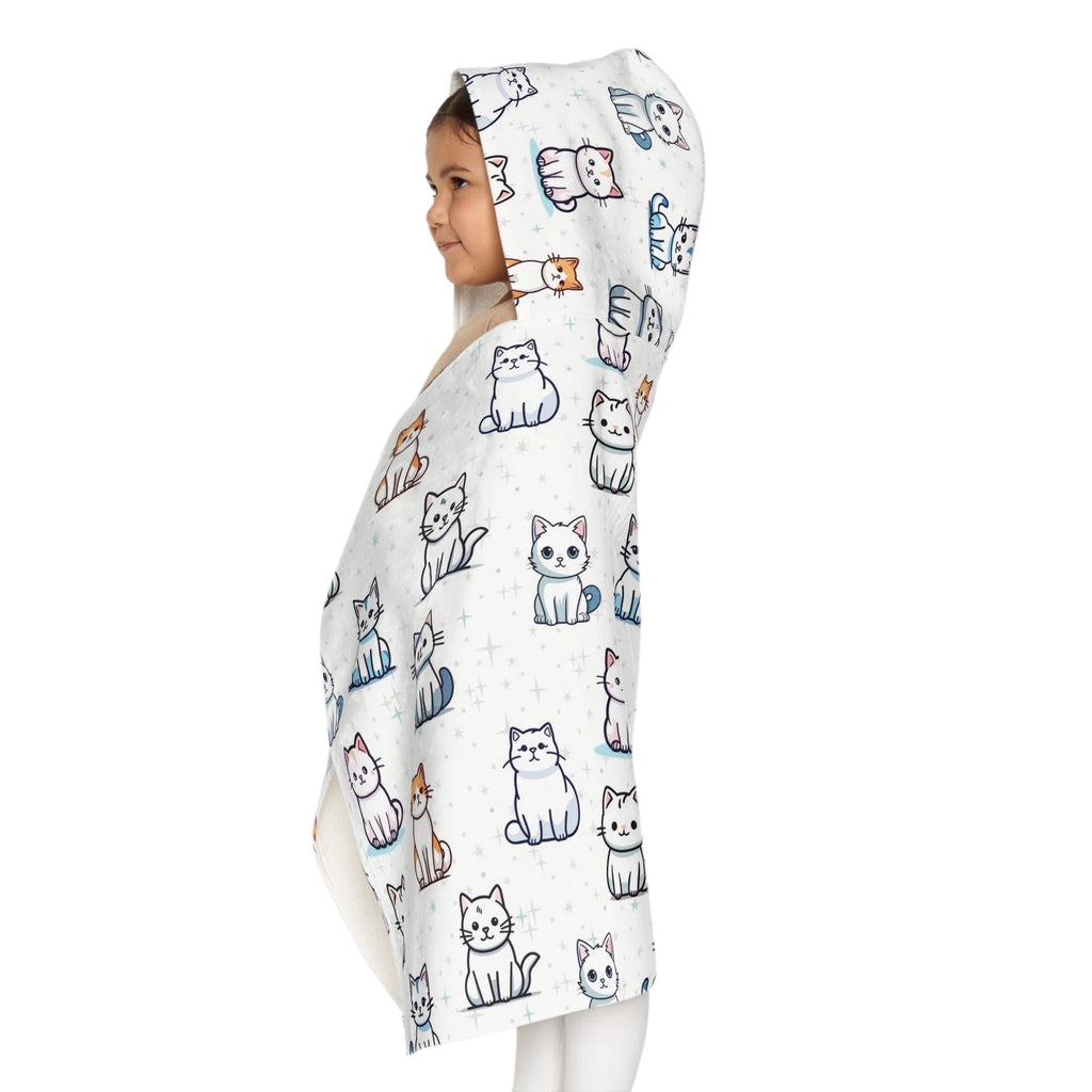 White hooded towel with playful cartoon cat pattern in black outlines and blue accents soft absorbent bath wrap