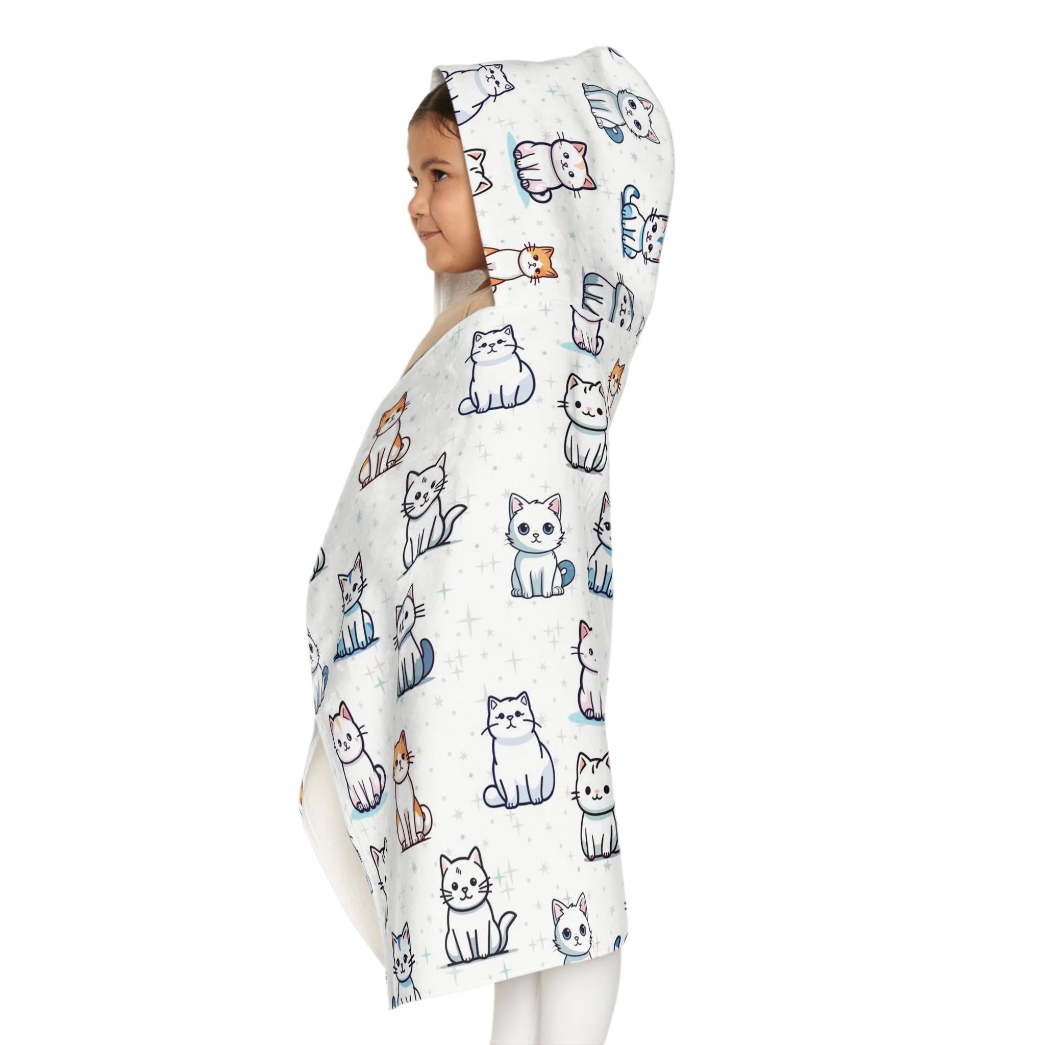 White hooded towel with playful cartoon cat pattern in black outlines and blue accents soft absorbent bath wrap