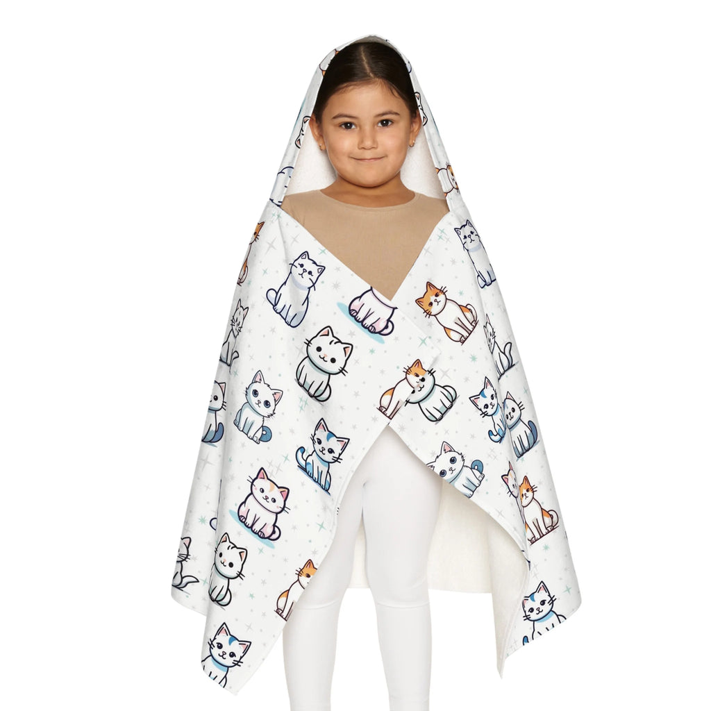 White hooded towel with playful cartoon cats in black orange blue and gray soft absorbent for bath and beach wrap