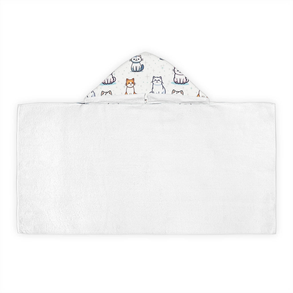 White hooded towel with a playful cat pattern in soft gray white and orange hues for girls bath and beach use