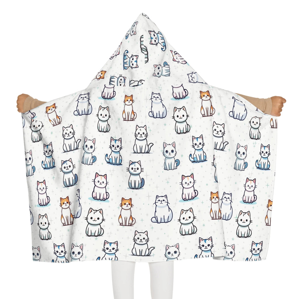 White hooded towel for girls with colorful cartoon cat pattern soft absorbent bath and beach wrap