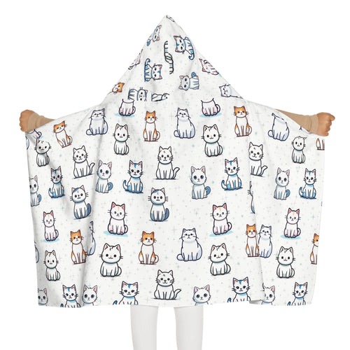 White hooded towel for girls with colorful cartoon cat pattern soft absorbent bath and beach wrap