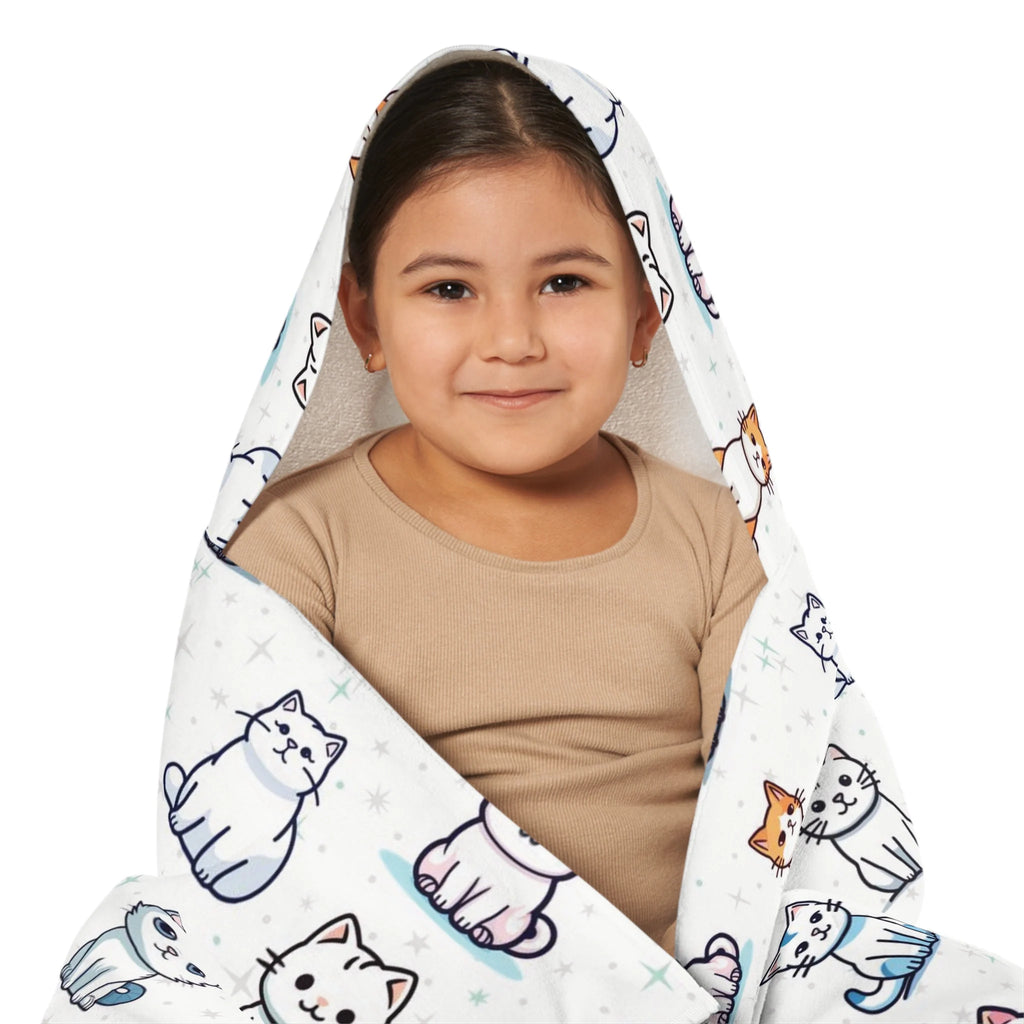 White soft absorbent girls hooded towel with playful cartoon cats pattern for bath and beach wrap use