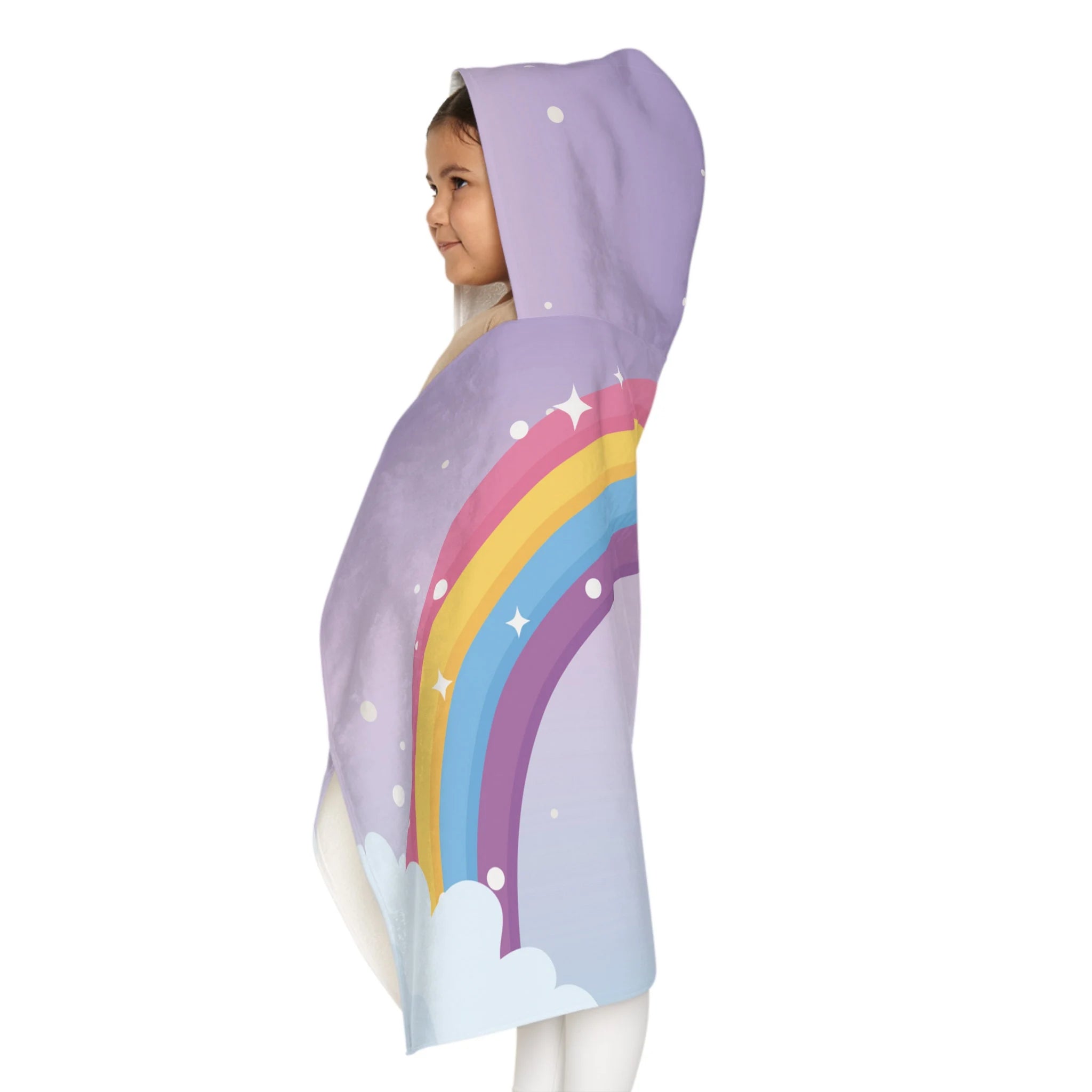 Girls pastel rainbow and clouds hooded towel soft lavender absorbent bath and beach wrap with stars and clouds design