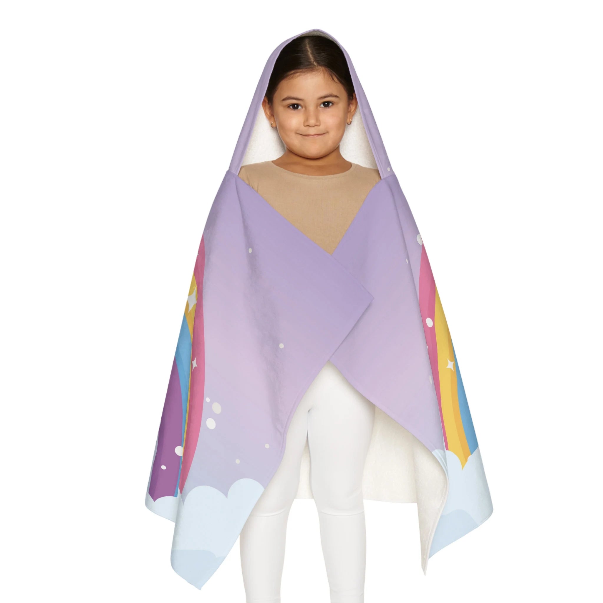 A child wearing a soft pastel rainbow and clouds lavender hooded towel for bath and beach wrap