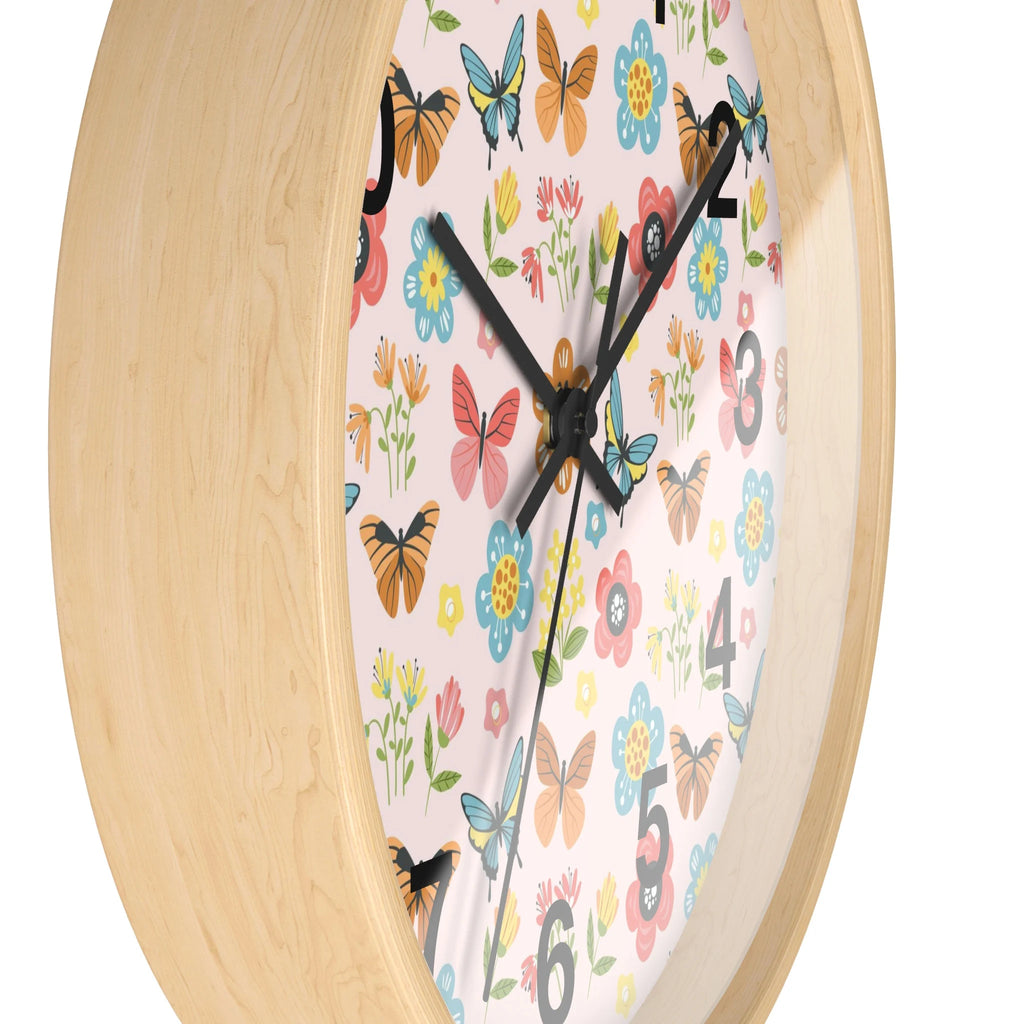 Kids butterfly garden silent wood wall clock with a light wood frame and pastel butterfly and flower face