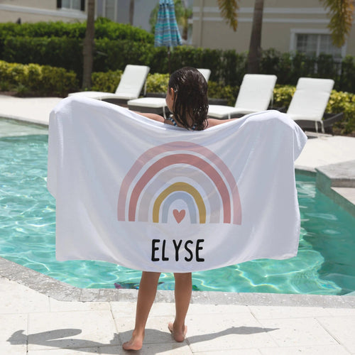 White towel with pastel rainbow heart design personalized with the name Elyse for girls custom name rainbow heart towel