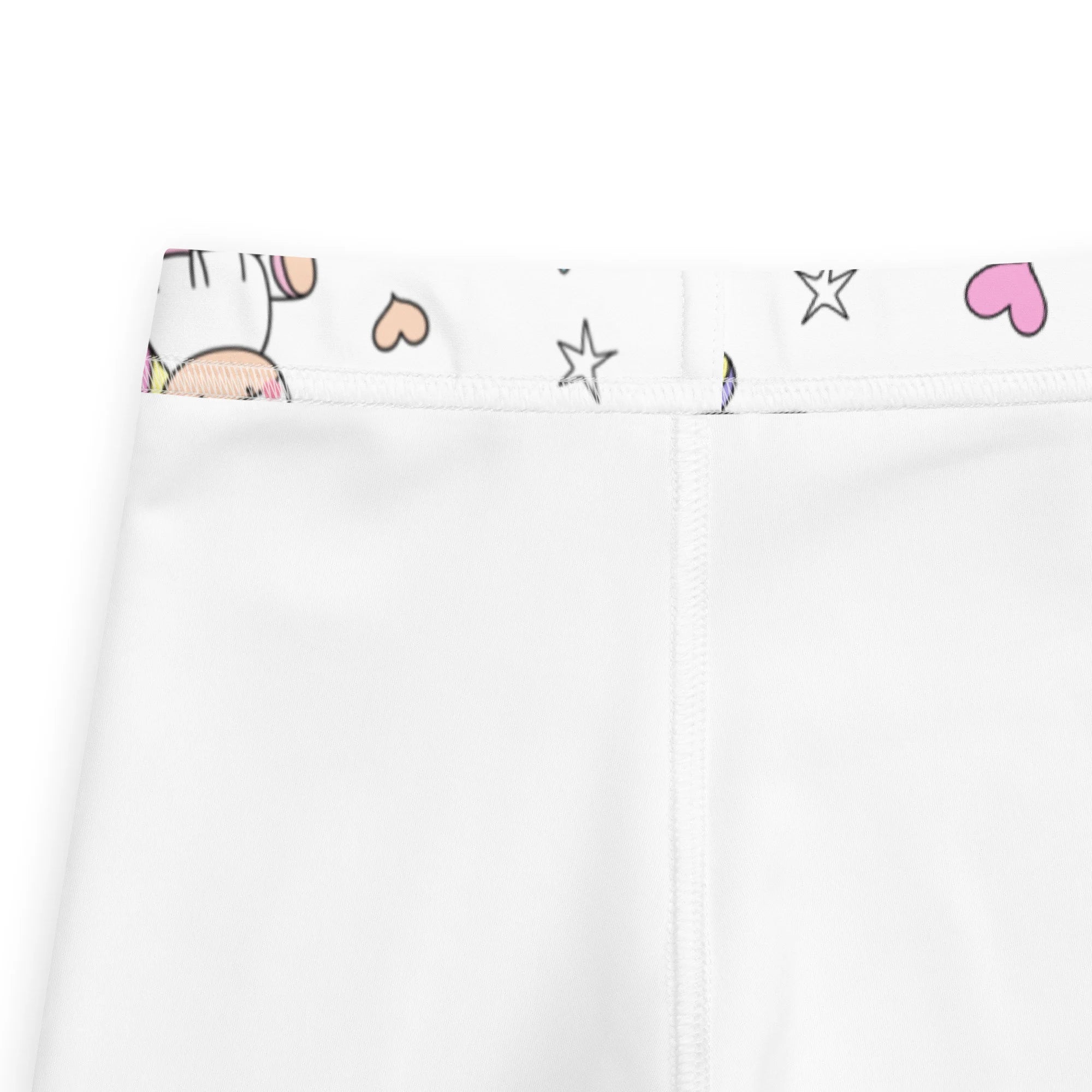 White girls unicorn birthday buttery soft leggings with playful waistband featuring cartoon unicorns pink hearts and stars