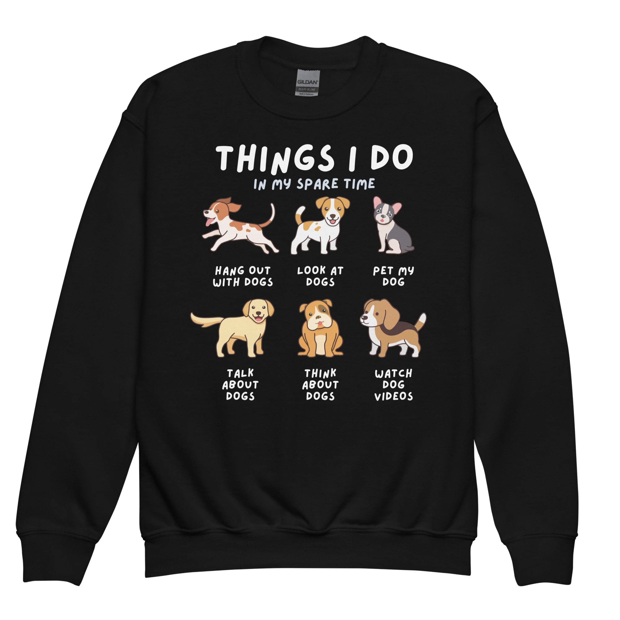 black sweatshirt with text and illustrations of dogs, indicating favorite activities 'Things I Do In My Spare Time'.