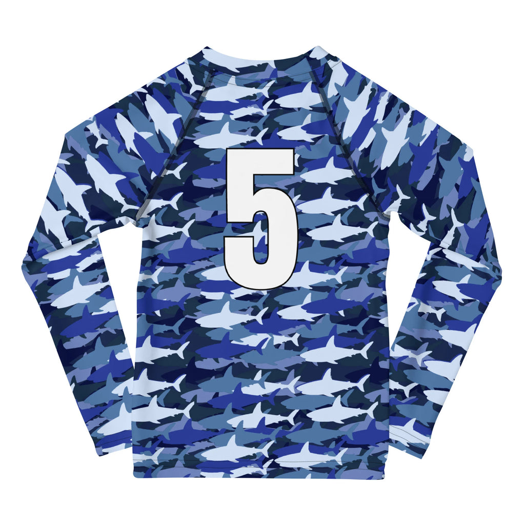 Blue and white shark camouflage long-sleeved rash guard back with large white number 5 for custom birthday boy
