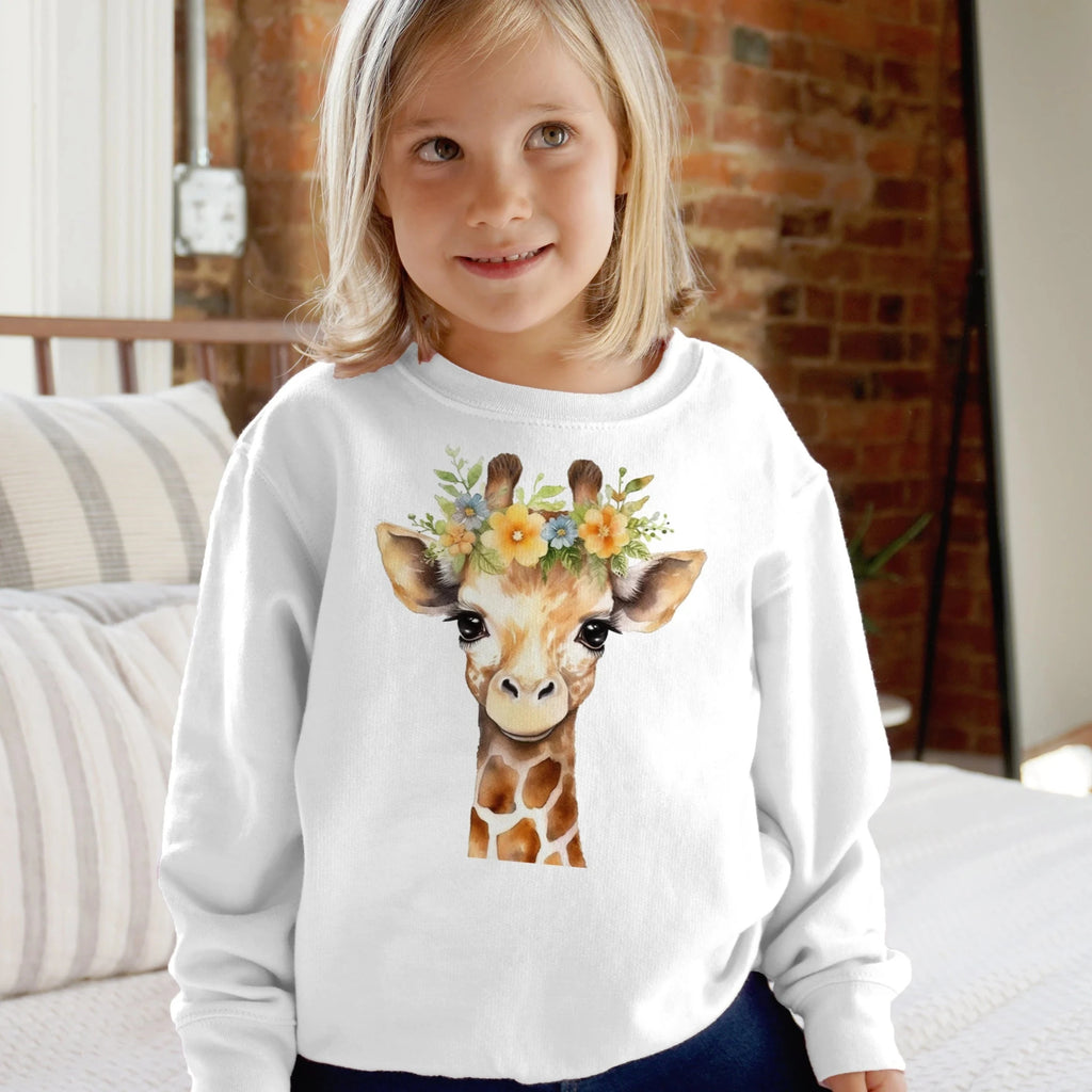 White long-sleeved kids sweatshirt with a watercolor giraffe and floral crown design made from soft cotton