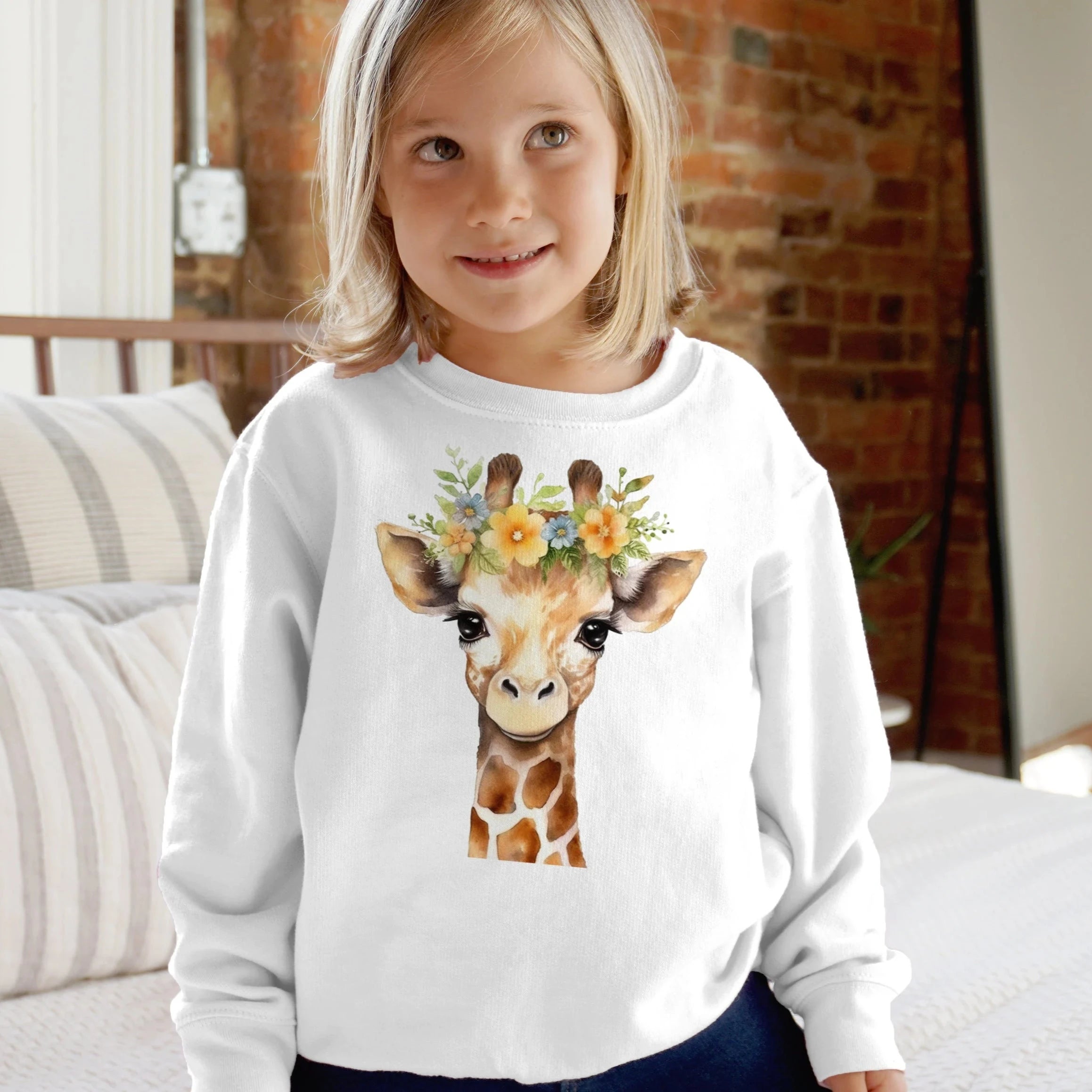 White long-sleeved kids sweatshirt with a watercolor giraffe and floral crown design made from soft cotton