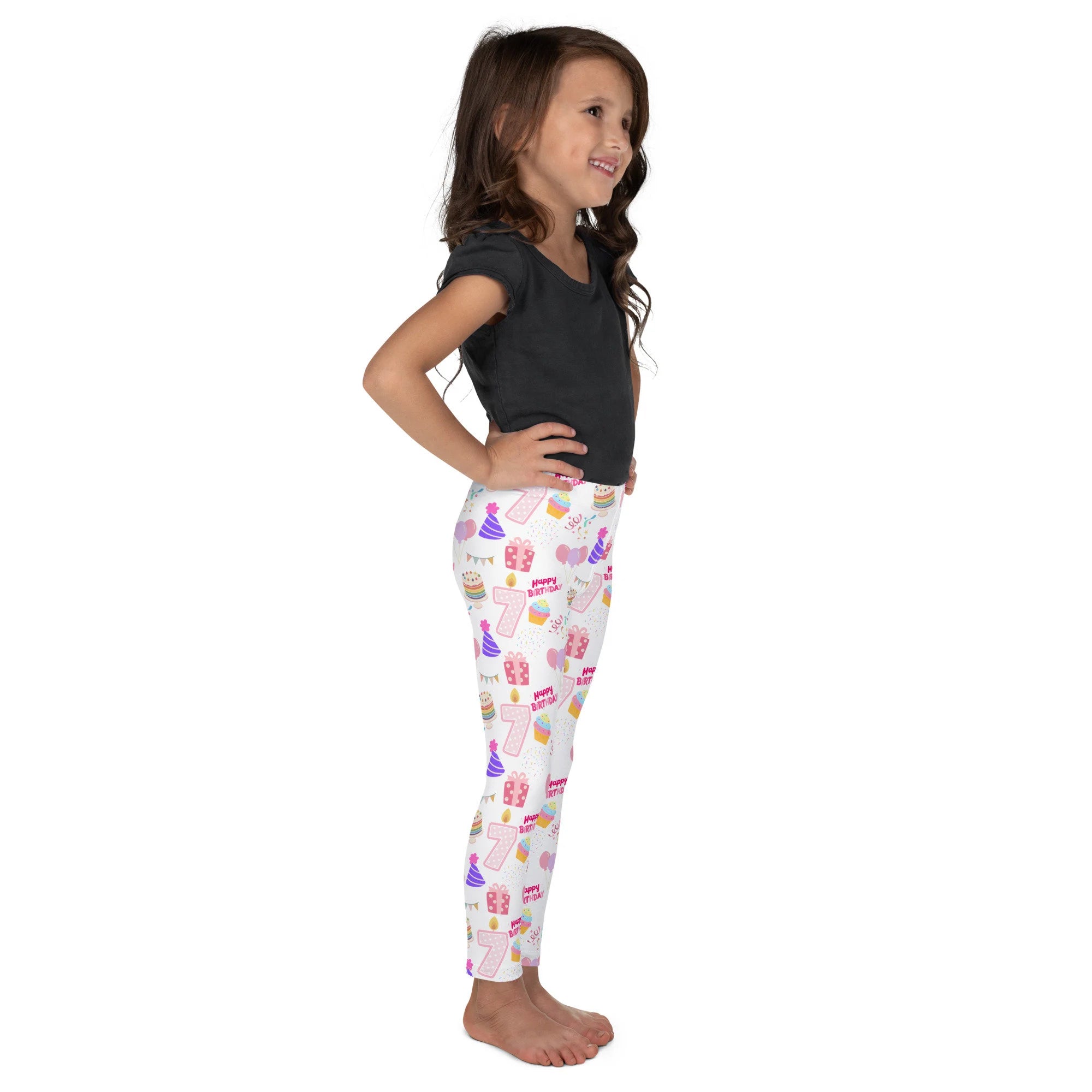 Girls custom age birthday party buttery soft white leggings with pink purple yellow cupcake and party pattern