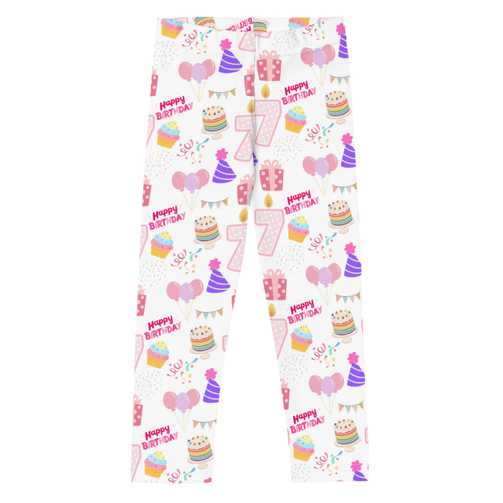 Girls custom age birthday party buttery soft white leggings with pink purple cupcakes balloons and glittery number 7 design