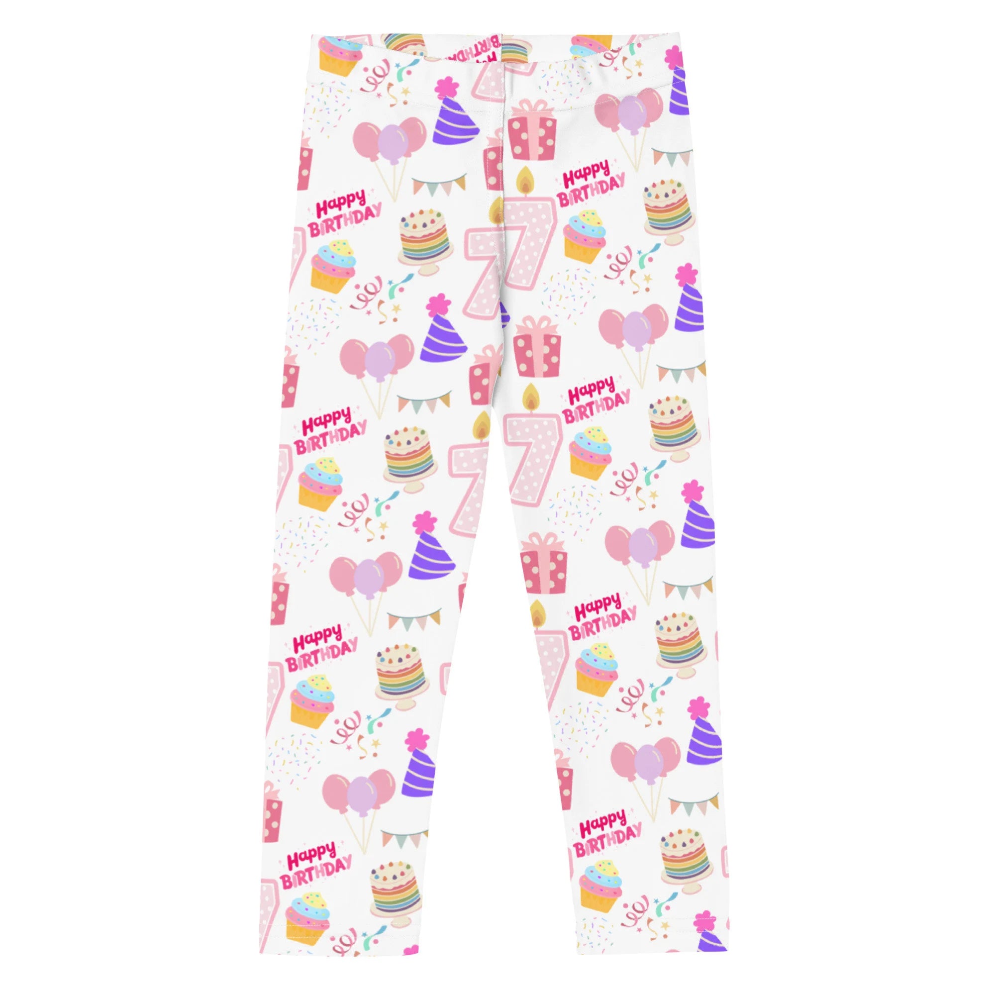 Girls custom age birthday party buttery soft white leggings with pink purple cupcakes balloons and glittery number 7 design