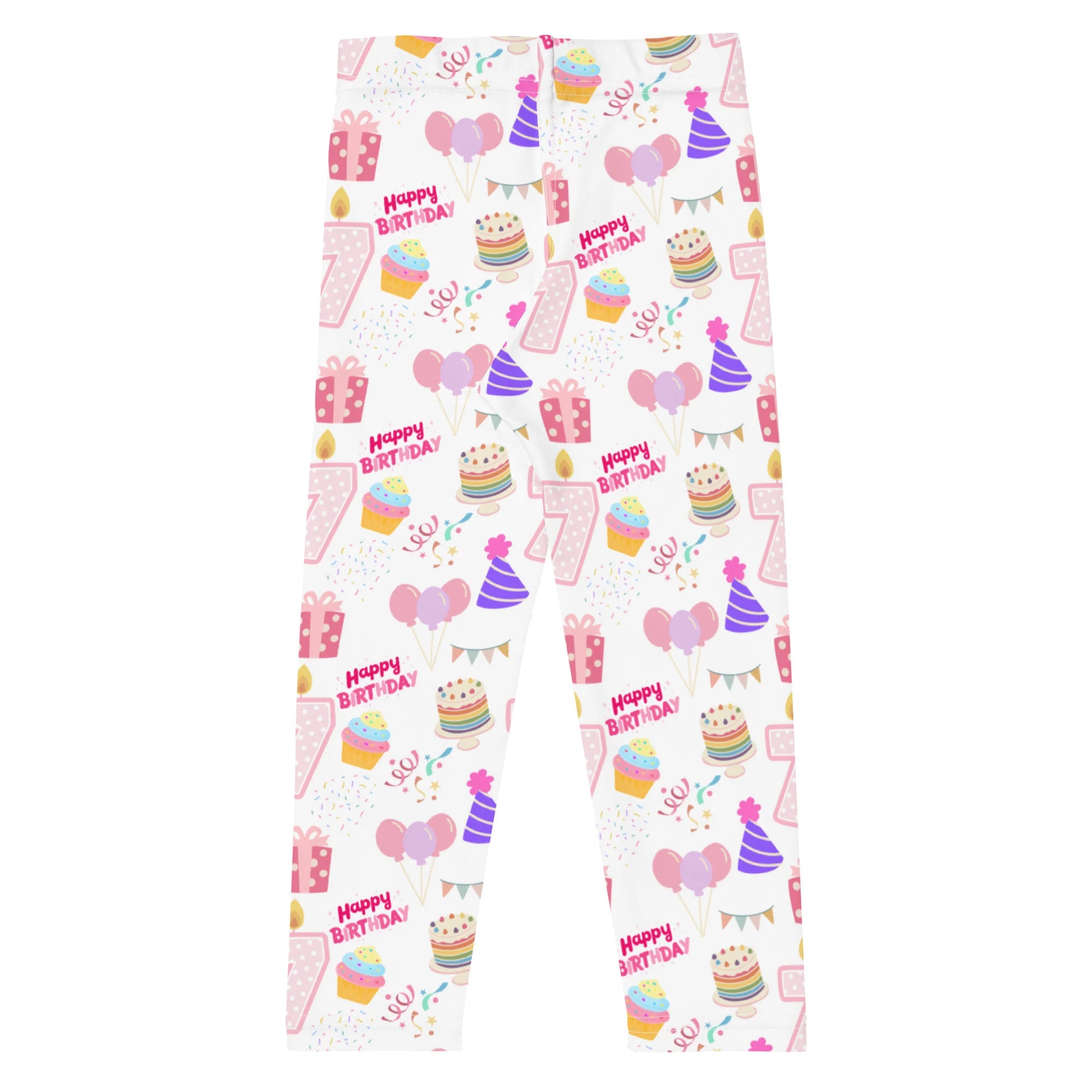 White girls custom age birthday party buttery soft leggings with colorful cupcake and party pattern