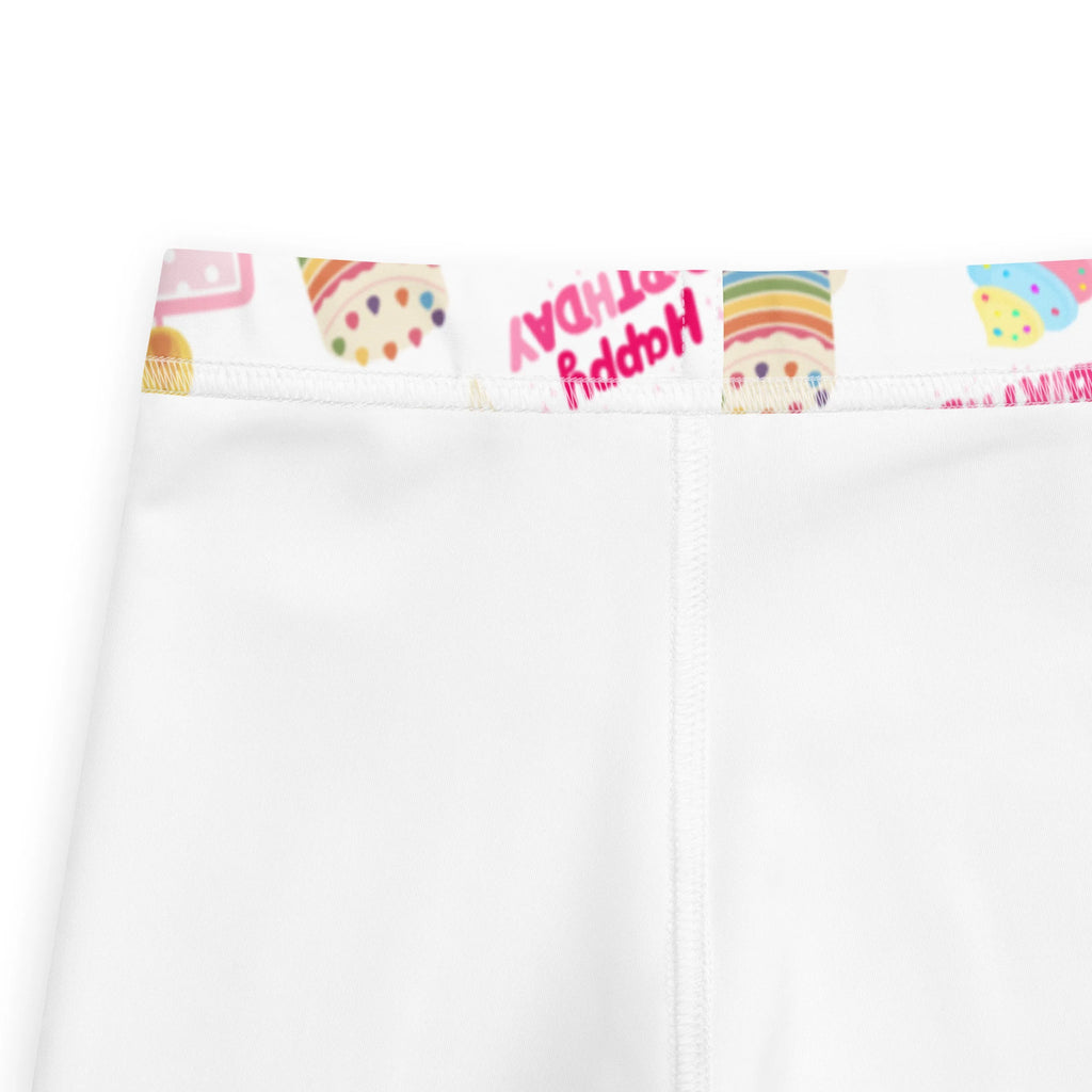 Girls custom age birthday party buttery soft white leggings with colorful cupcake and happy birthday waistband