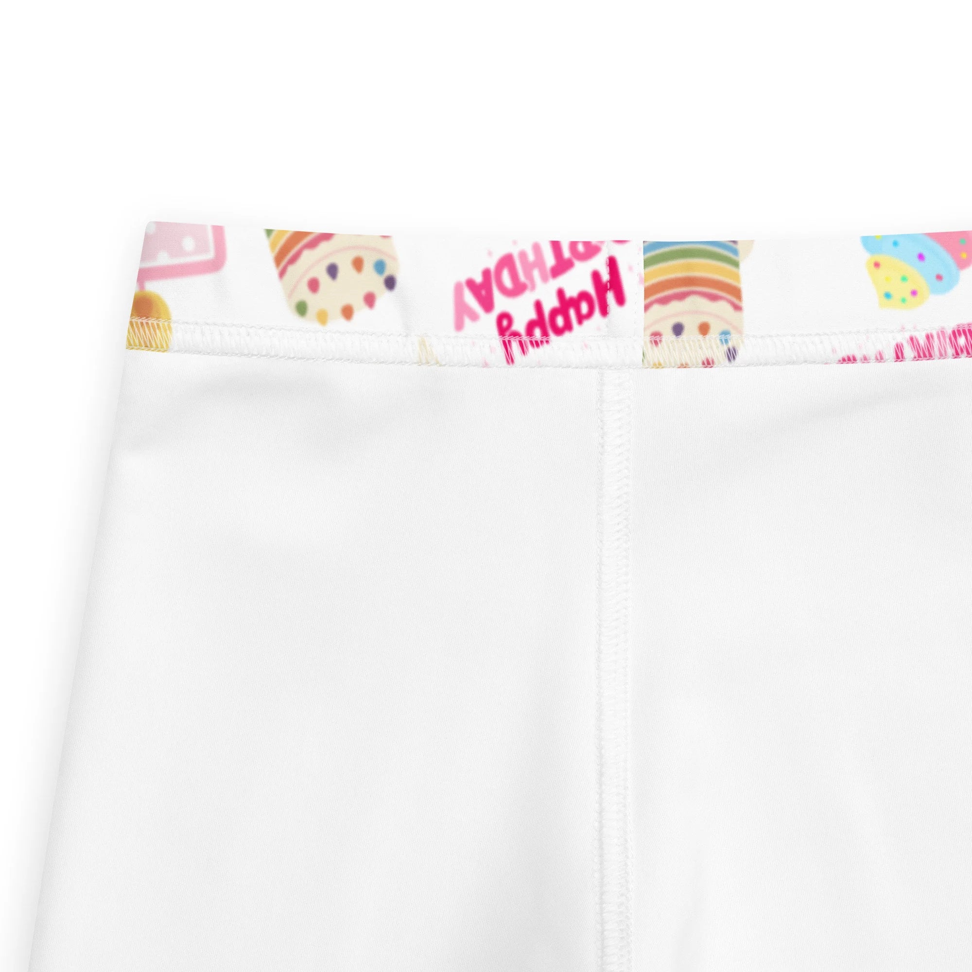 Girls custom age birthday party buttery soft white leggings with colorful cupcake and happy birthday waistband
