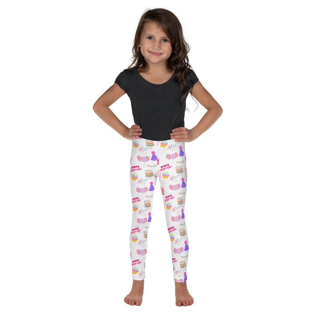 Girls custom age birthday party buttery soft white leggings with playful pink purple pastel cakes balloons and hearts pattern