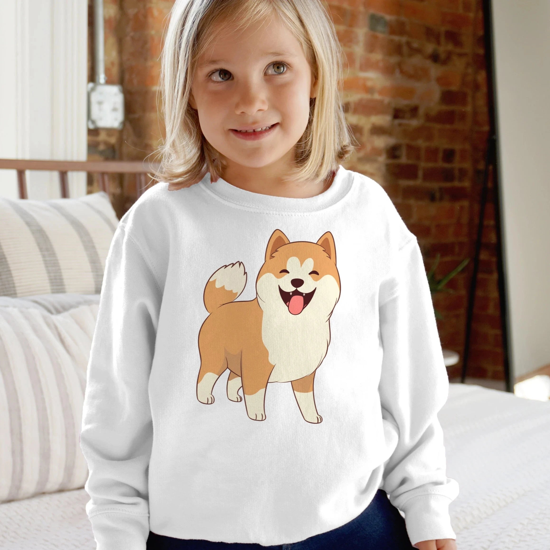 A child wearing a white sweatshirt with a colorful illustration of a Shiba Inu dog on it.