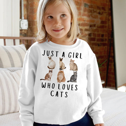 Girls white long-sleeved sweatshirt with graphic of six cat breeds and just a girl who loves cats text in black lettering