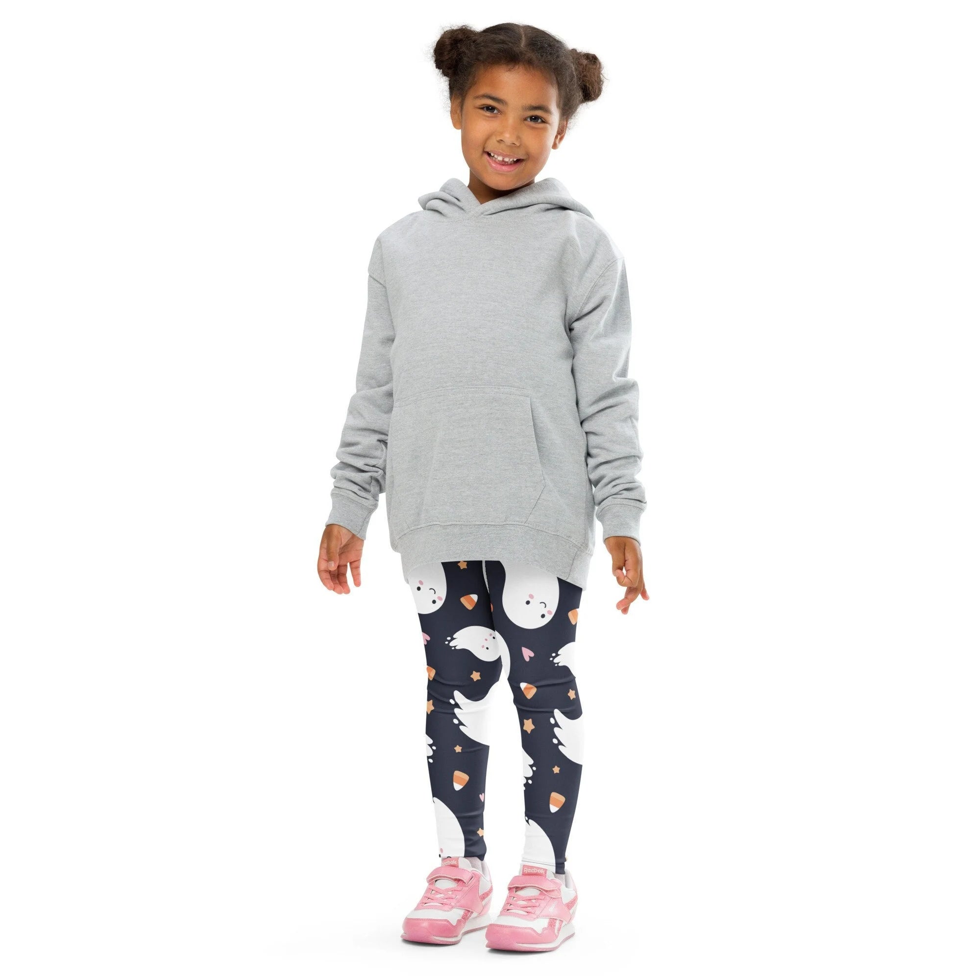 Gray hooded sweatshirt with front pocket and long sleeves shown with kids ghost halloween buttery soft leggings